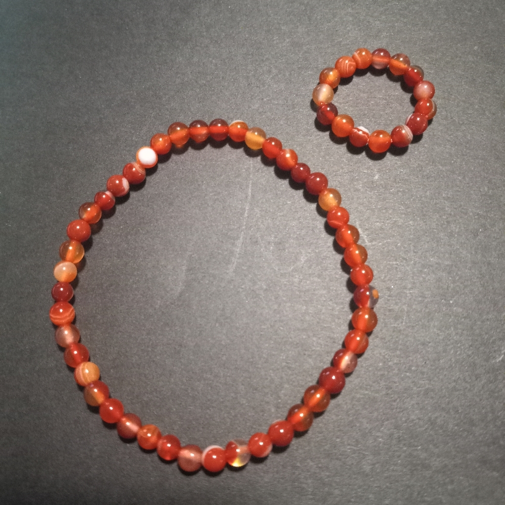 Red Agate Beaded Bracelet & Ring Set